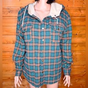 ❤️MAN Furry jacket/coat w/hoodie Flannel plaid bottoms 2 pocket women's Size XL